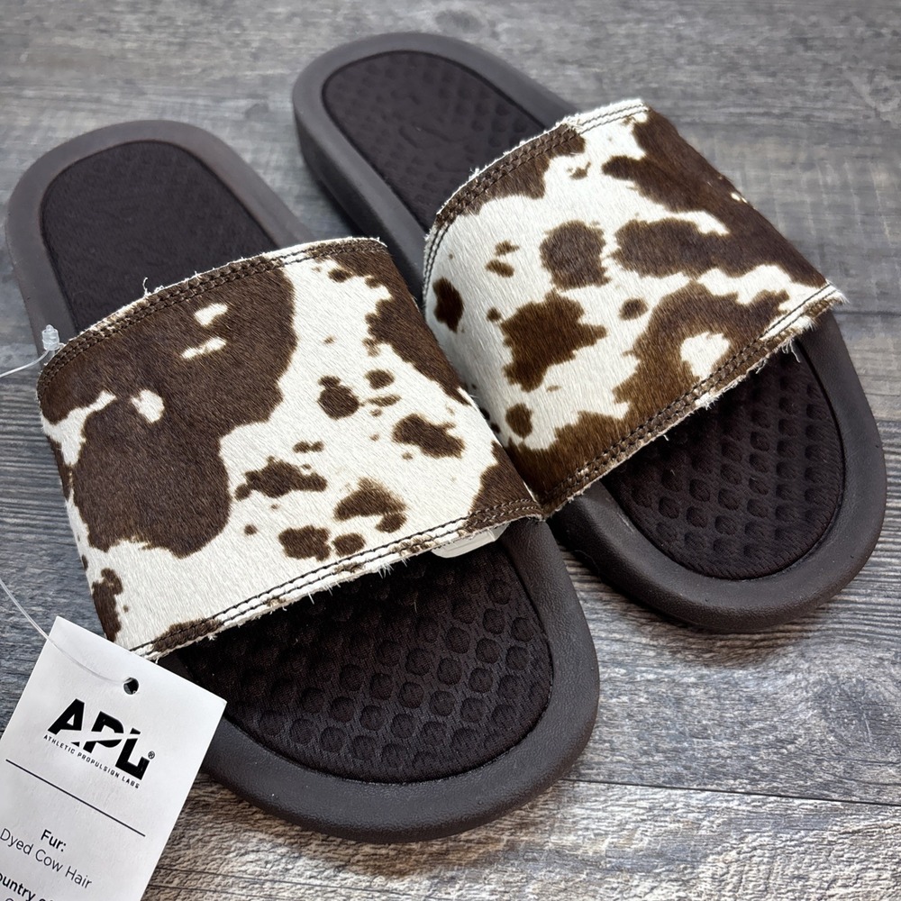 APL Iconic Slide Deep Brown/White Cow Animal Print Women's Size 8 NEW A1